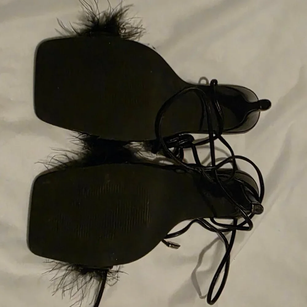 Lace Up Strappy Feather Trim Shoes Stiletto Heels US Size 8 Shoe Sz 38.5 Sexy